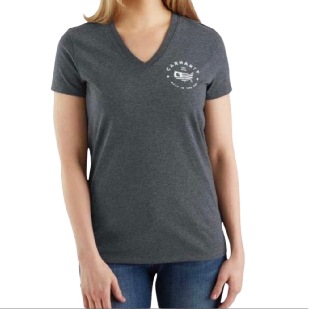 CARHARTT Heather Gray Relaxed Fit V Neck Graphic T Shirt Size Medium
